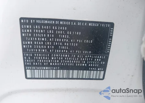 2021 Volkswagen Tiguan 2.0T Se/2.0T Se R-Line Black/2.0T Sel from USA, damaged, VIN 3VV2B7AXXMM021417